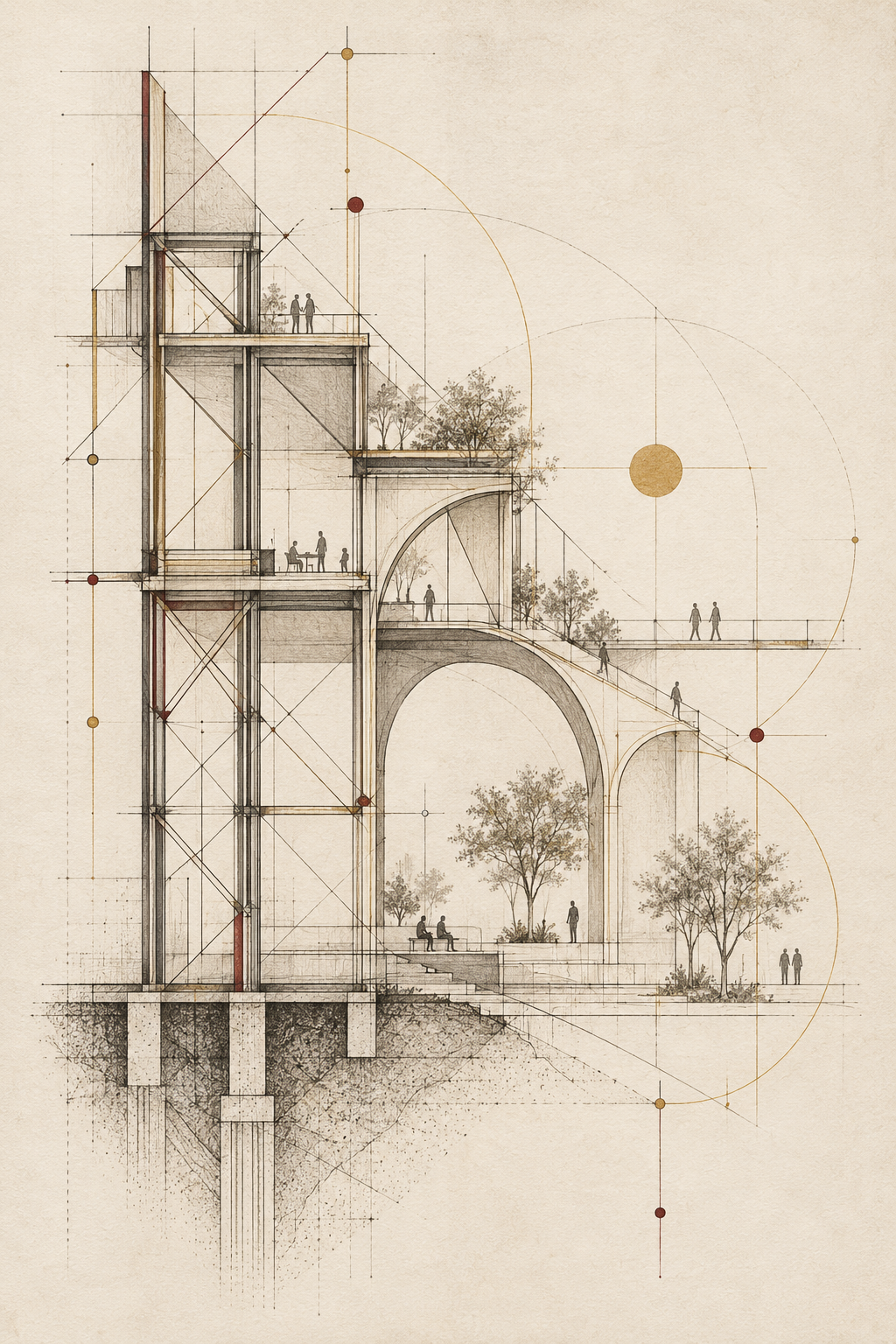 Architectural line study connecting structural geometry with human-scale spaces